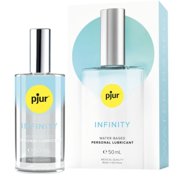 Frasco de vidro do lubrificante pjur Infinity Water-Based de 50 ml, com a respetiva caixa