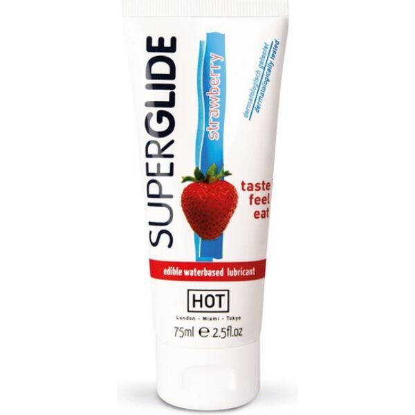 Lubrificante comestível HOT Superglide 75 ml, disponível em cinco sabores