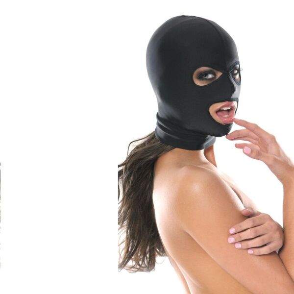 Máscara Fetish Fantasy 3-Hole Hood da Pipedream, com aberturas para os olhos e a boca