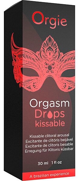 Frasco de vidro com conta-gotas de Orgie Orgasm Drops Kissable, 30 ml