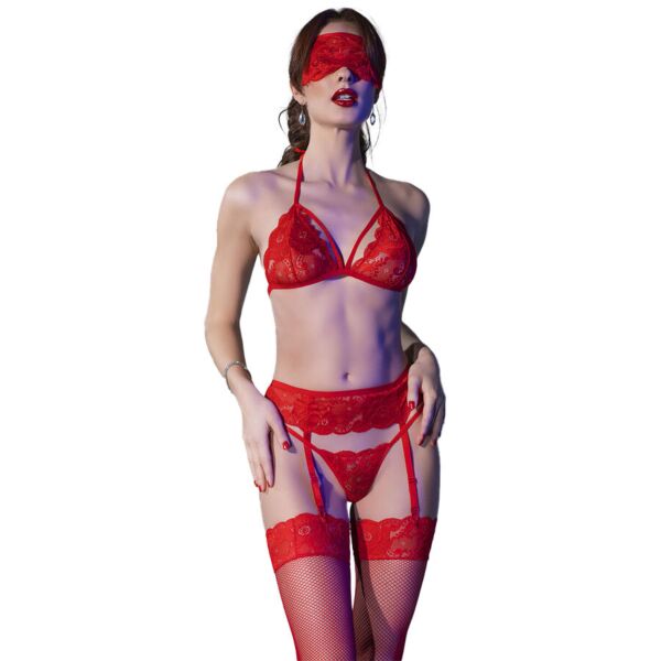 Conjunto de lingerie Chilirose CR 4467 com soutien, cinta-liga, tanga e meias