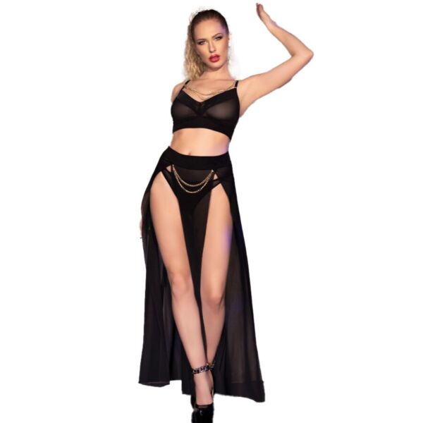 Conjunto de lingerie Chilirose CR 4672 preto, com top, saia e tanga com correntes douradas