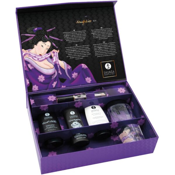 Shunga Naughtier Kit com os seus cinco cosméticos íntimos e o estojo de oferta