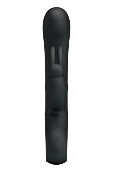 Vibrador rabbit Party Up Colin em preto, com a sua haste curva e o braço em forma de coelhinho