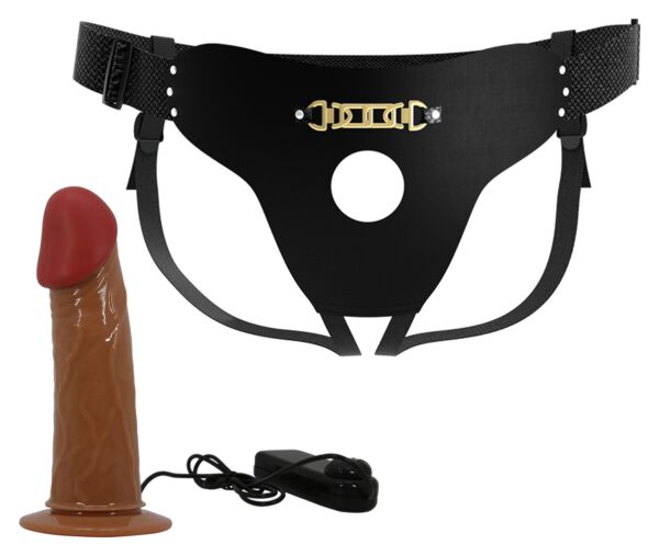 Arnês strap-on Party Up Nelson preto com a capa oca castanha e o comando com fio