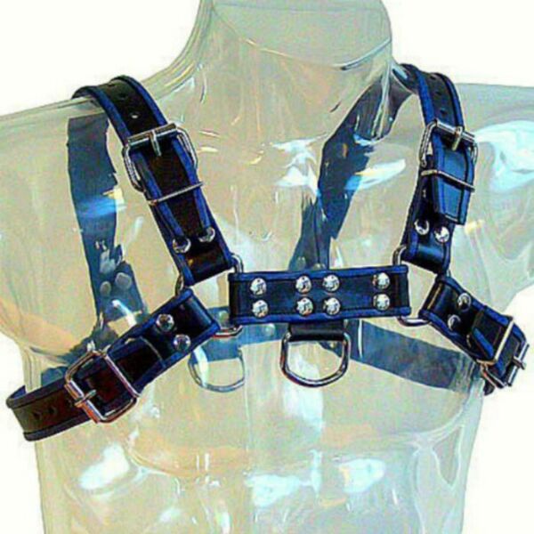 Arnês para homem Leather Body Chest Bulldog em azul e preto, com tiras e correntes de metal