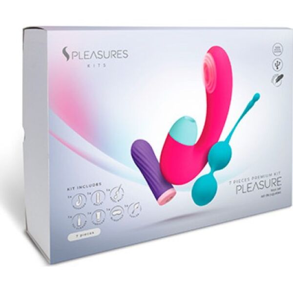 Kit S Pleasures Pleasure Kit com bala vibratória, duplo estimulador, bolas de Kegel, lubrificante, limpador, pena e venda