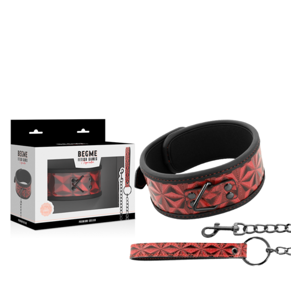 Coleira BDSM Begme Red Edition em couro vegano com corrente de metal, argola para o pescoço e trela