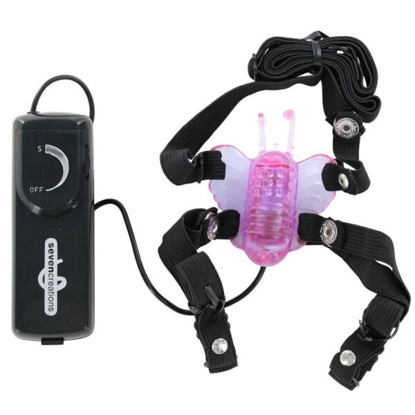 Estimulador de clitóris Seven Creations Butterfly em forma de borboleta, com correias e comando ligado por cabo