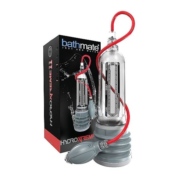 Bomba de água para o pénis Bathmate Hydroxtreme 11, transparente com detalhes cinzentos e vermelhos, com a sua pera manual
