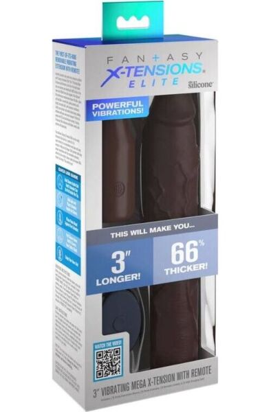 Capa para pénis Pipedream Fantasy X-tensions Elite Mega X-tension Brown de cor castanha com extensão vibratória e comando