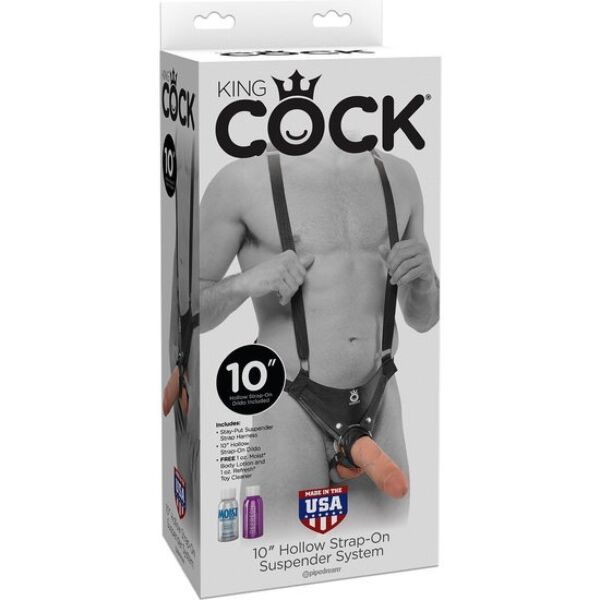 Arnês strap-on oco King Cock Hollow de 25 cm com cintas de nylon e dildo cor de pele