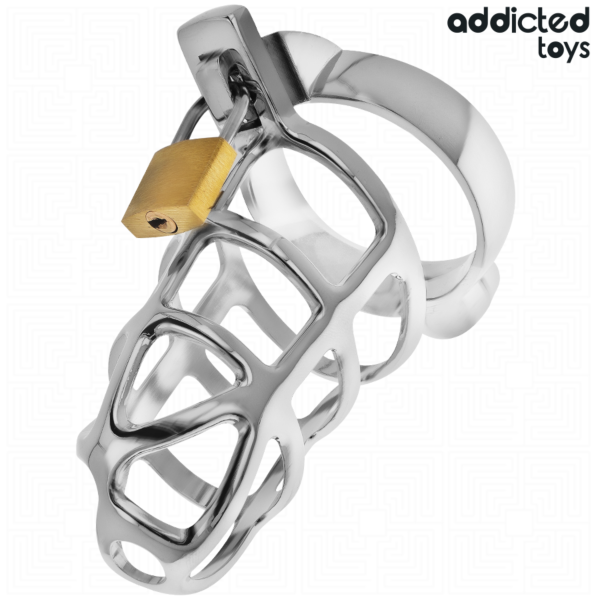 Gaiola de castidade Addicted Toys Silver Lock com o anel para o púbis, o cadeado e as chaves