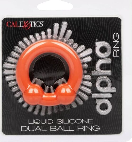 Anel peniano CalExotics Alpha Dual Ball Ring de silicone cor de laranja, com duas bolas