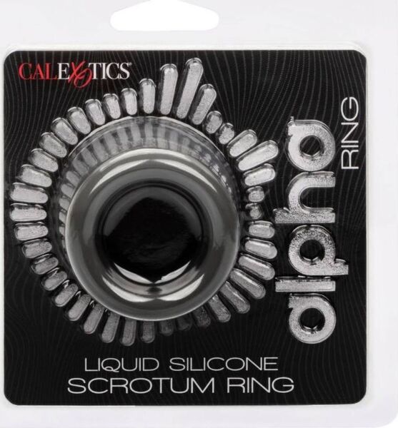 Anel escrotal CalExotics Alpha Scrotum Ring de silicone líquido cinzento, com forma curva de ampulheta