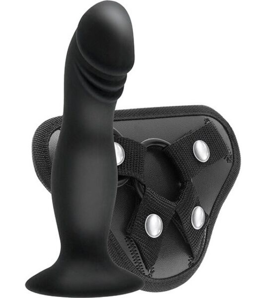 Arnês com dildo S Pleasures Strappy Harness Set, com as suas cintas e o dildo com ventosa