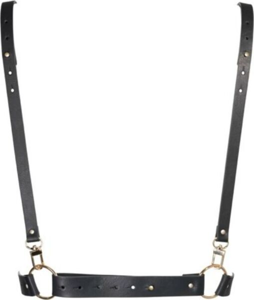 Arnês corporal Maze X Harness da Bijoux Indiscrets em preto, com a banda do peito e as tiras cruzadas em X