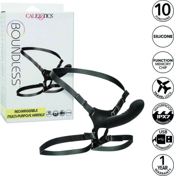 Arnês strap-on CalExotics Boundless com sonda de ponta curva e correias para a cintura e a coxa