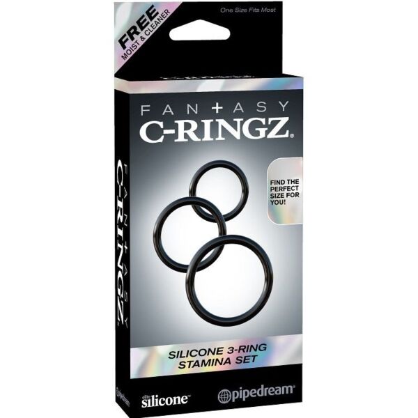 Três anéis pretos Pipedream Fantasy C-Ringz Stamina para o pénis e os testículos