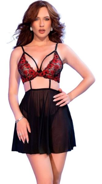 Babydoll Chilirose CR 4869 com soutien bordado, saia de tule e tanga