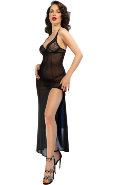 Camisa de noite comprida em renda preta Chilirose CR 4723 com a tanga a condizer