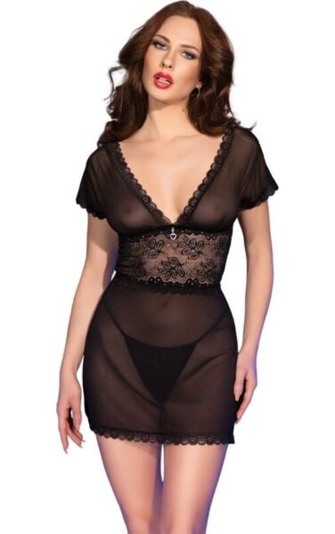 Babydoll Chilirose CR 4830 preto de tule transparente com renda e tanga a condizer