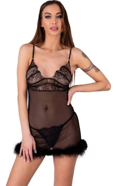 Babydoll Livco Corsetti Zerunam preto, com camisola de malha de alças finas e tanga a condizer