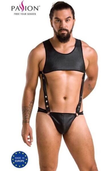 Body masculino Passion Body Adam em pele ecológica preta, com slip e crop top unidos por tiras