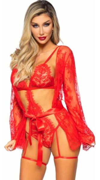 Conjunto Leg Avenue All Romance 86123 em vermelho, com body de renda com ligas e robe curto a condizer