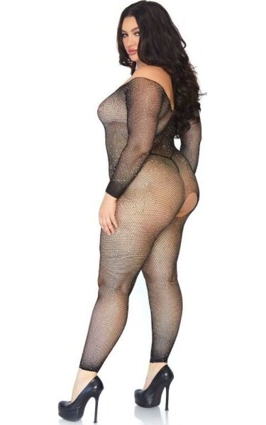 Bodystocking de rede preto Leg Avenue Plus Seamless Fishnet, de manga comprida e com strass