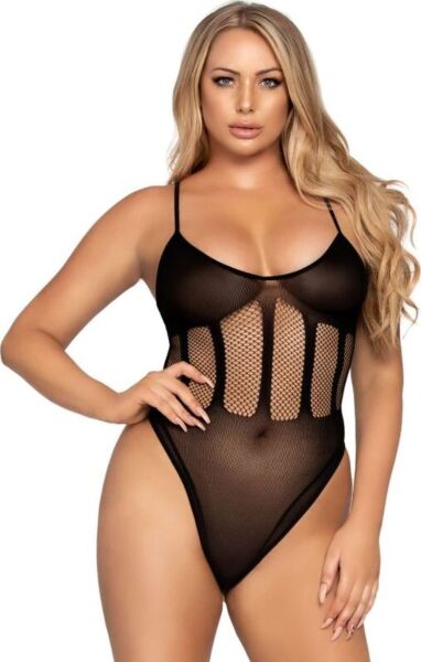 Conjunto Leg Avenue Flawless Bodysuit & Skirt em preto: body opaco com rede na cintura e saia tubo de rede