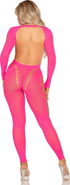 Bodystocking Leg Avenue Reckless Intentions em rosa néon, com costas abertas e aberturas