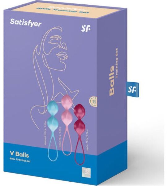 Bolas vaginais Satisfyer V Balls, set de três bolas em turquesa, rosa e vermelho