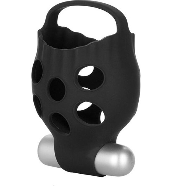 Suporte escrotal Calexotics Dr. Joel em preto, com a respetiva bala vibratória