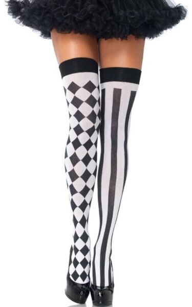 Meias altas Leg Avenue Harlequin com estampado de losangos pretos e brancos