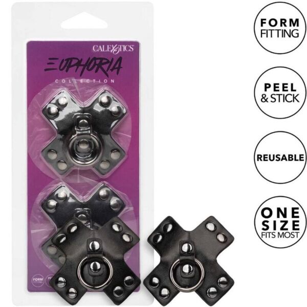 Tapa-mamilos adesivos CalExotics Euphoria O-Ring em preto, com aro e rebites metálicos