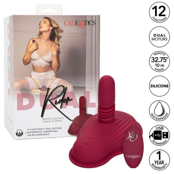 Massajador para montar CalExotics Dual Rider Thrust & Grind em vermelho, com o respetivo comando à distância