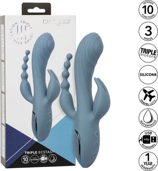Vibrador rabbit CalExotics III Triple Ecstasy azul, com haste, estimulador e cauda de bolinhas
