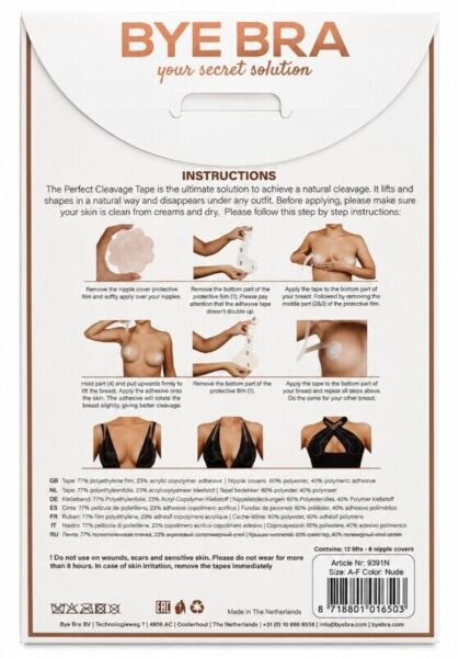Fitas adesivas Bye Bra Perfect Cleavage para realçar o decote, com os respetivos cobre-mamilos