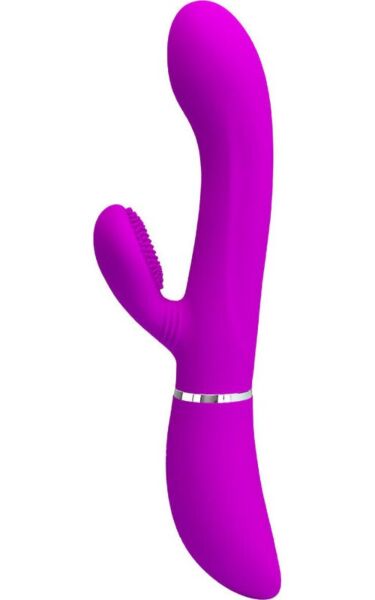 Vibrador rabbit Pretty Love BI-014938 em silicone roxo, com braço para o clitóris e ponta curvada