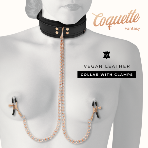 Coleira com pinças Coquette Chic Desire, com as duas pinças para mamilos ligadas por correntes e a trela