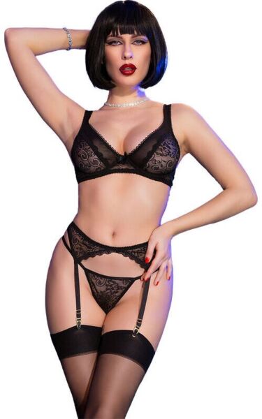 Conjunto com cinta de ligas Chilirose CR 4692 em renda preta, com soutien, tanga, cinta de ligas e meias