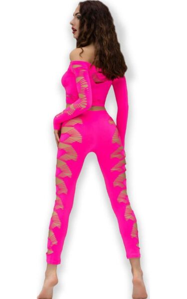 Conjunto Chilirose CR 4632 de top e leggings sem costuras em rosa néon