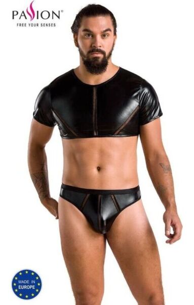 Conjunto de lingerie masculina Passion 057 Set Peter, com crop top e tanga de lamé preto