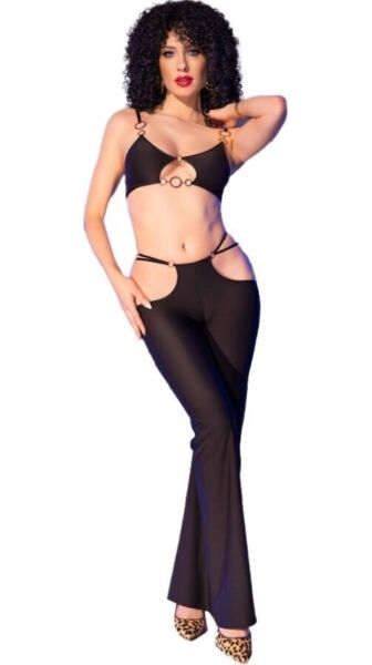 Conjunto de lingerie Chilirose CR 4851, top preto com argolas douradas e leggings com cortes laterais