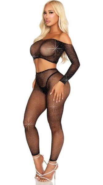Conjunto Leg Avenue Captivating Crush em preto, top curto e leggings de rede com pedraria