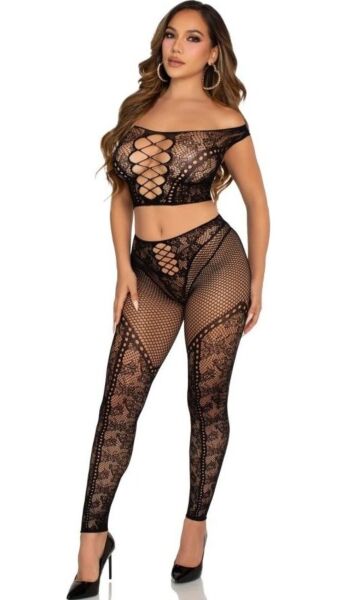 Conjunto de lingerie Leg Avenue Love Me Tonight preto: crop top de ombros descobertos e leggings de renda e rede