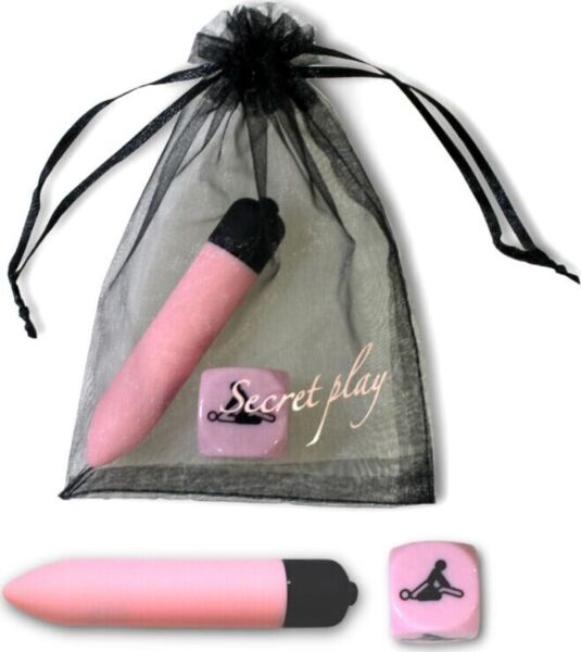 Secret Play Kit Sensual Feelings, com a bala vibratória rosa, o dado de posições rosa e o saquinho de organza