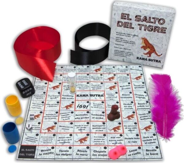 Jogo erótico Diablo Picante Salto del Tigre com o tabuleiro, os dados e os acessórios