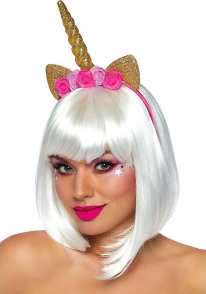 Diadema de unicórnio Leg Avenue Golden Unicorn Flower, com corno dourado em espiral, orelhas brilhantes e rosas cor-de-rosa